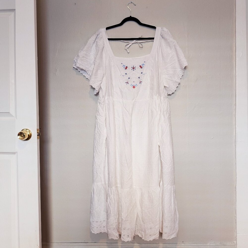 White Flare Tie-Back Embroidered Cotton Midi Dress Size 4X